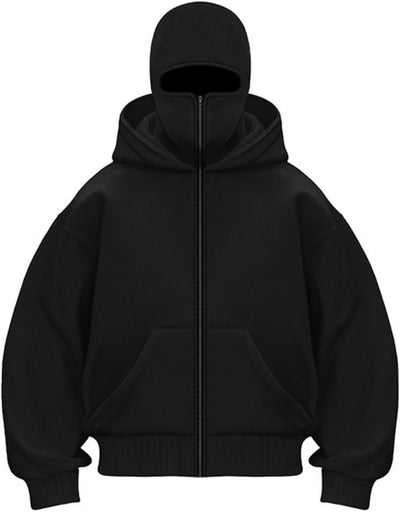 Black Oversize Double Zip Balaclava Hoodie